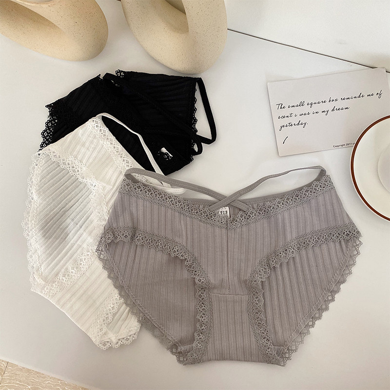 XIAOMiWU 交叉欧美深V纯棉三角裤性感蕾丝边螺纹面料低腰女内裤