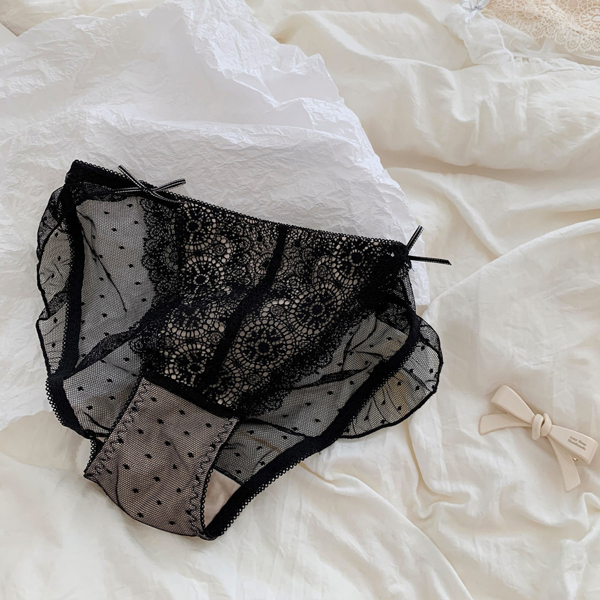 XIAOMIWU 法式纯欲风蕾丝荷叶边高开叉蝴蝶结内裤新款,女士内衣/男士内衣/家居服,女三角裤,淘宝优惠券,粉丝福利购,淘宝优惠卷