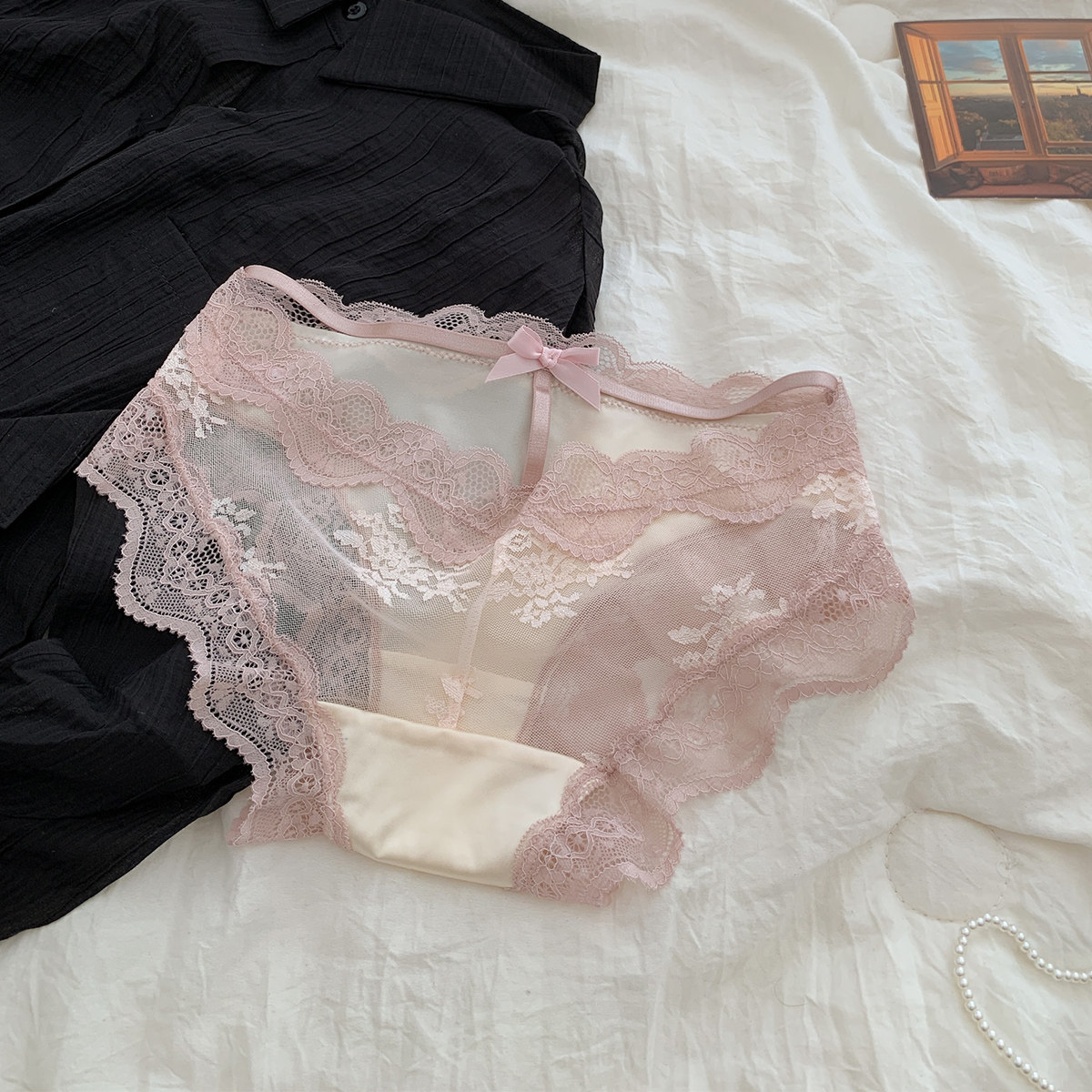 法式蕾丝内裤女夏薄款性感蝴蝶结网纱花边透明纯欲少女低腰三角裤