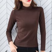 磨毛t恤女长袖 加绒加厚洋气修身 女秋冬内搭韩版 半高领咖色打底衫