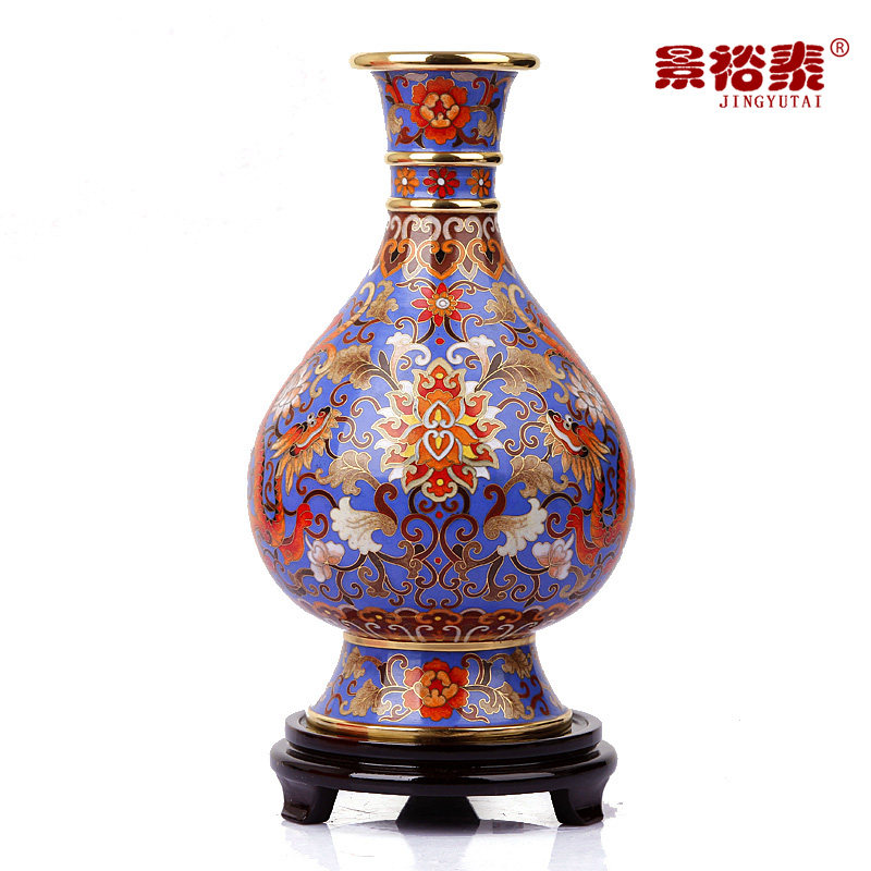 景泰蓝花瓶蓝底蟠龙献瑞双龙掐丝瓶铜胎珐琅家居摆件 李荣魁大师
