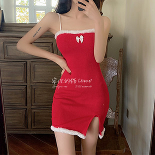 宠你的猫：荆棘玫瑰圣诞节约会裙子红色连衣裙吊带开叉打底裙睡裙