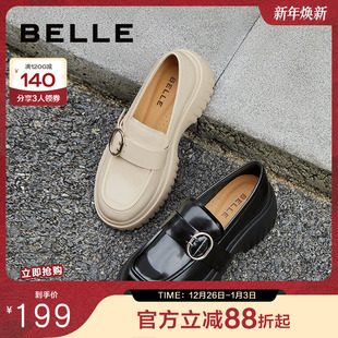 深口单鞋 百丽女鞋 黑色真皮小皮鞋 新款 3FBB3CA4 子厚底增高JK乐福鞋