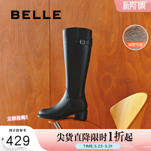 骑士靴加绒黑色长筒高长靴3KV71DG4 新款 明星同款 百丽女靴子冬季