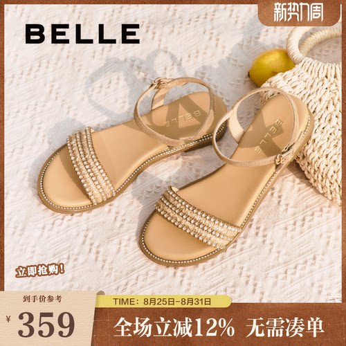 百丽女鞋子一字带凉鞋女夏季新款法式绝美海边平底单鞋3CQ36BL5