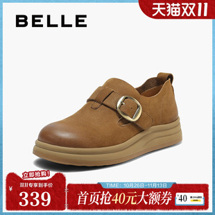 百丽女鞋复古厚底勃肯鞋女春夏新款真皮乐福深口单鞋子E7C1DCM5
