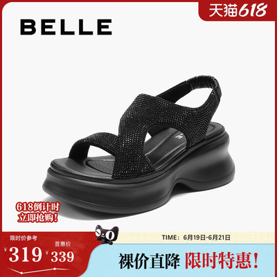 百丽女鞋厚底水钻法式休闲运动凉鞋女夏季新款增高鞋子E2W1DBL5