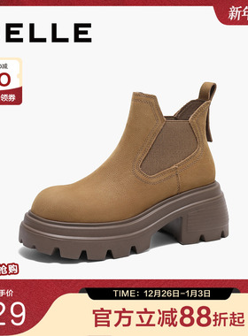 百丽女靴子复古切尔西靴新款冬季烟筒厚底真皮短靴B2371DD4