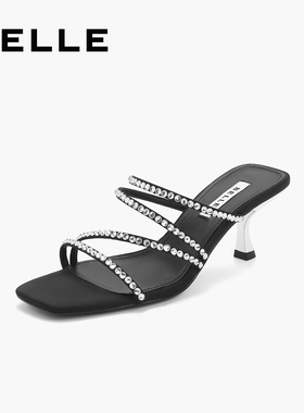 百丽钻带一字拖鞋女鞋子夏季新款法式绝美细高跟鞋3YUC9BT4