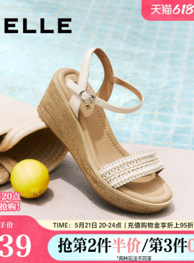 百丽女鞋度假风一字带凉鞋夏季新款妈妈坡跟松糕凉鞋子D8T1DBL5