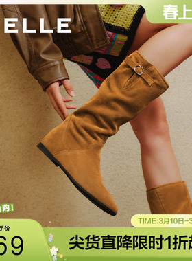 百丽女靴子复古西部靴堆堆靴加绒保暖冬季新款内增高筒靴E5Y1DDG5