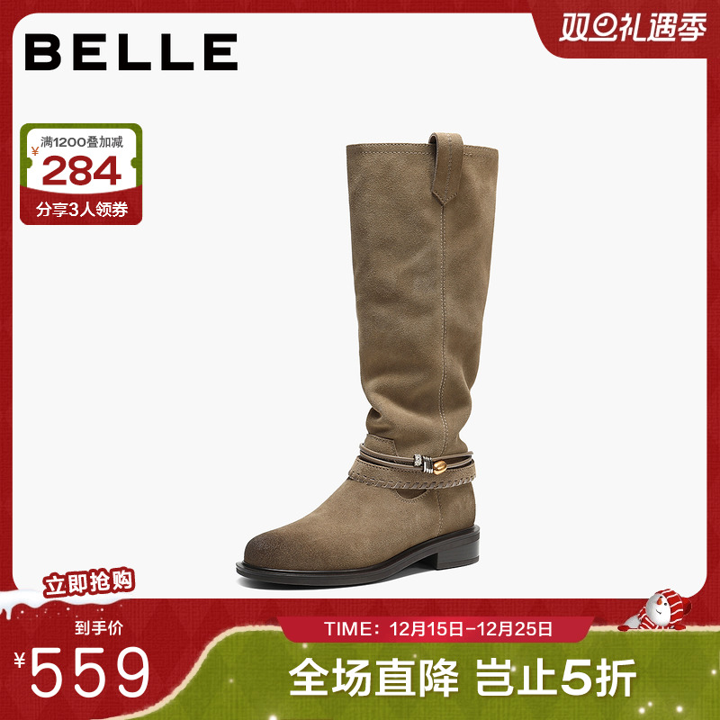 百丽复古堆堆靴西部靴女2025冬季新款巴恩风高长筒靴子F2S1DDG5