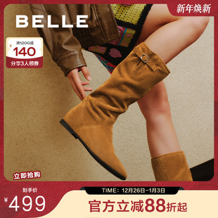 百丽女靴子复古西部靴堆堆靴加绒保暖冬季 内增高筒靴E5Y1DDG5 新款