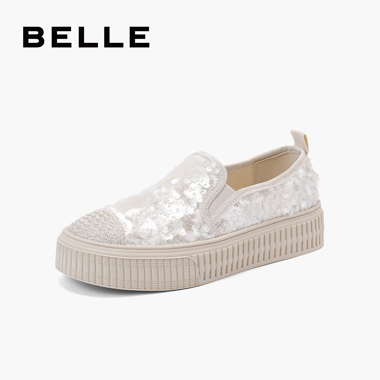 百丽厚底亮片帆布鞋女鞋子夏季新款一脚蹬小白鞋板鞋B3R1DBM4