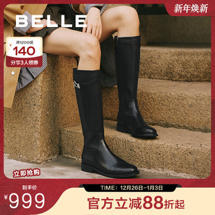 百丽质感高长骑士靴女25冬新羊皮绒面显瘦瘦低跟长筒靴子3QFB8DG5