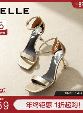 百丽女鞋子气质一字带凉鞋女夏季新款真皮花瓶跟高跟鞋3AB33BY4