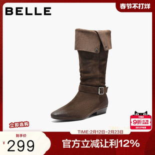 百丽女鞋复古西部牛仔靴时装靴秋冬堆堆靴宽筒围长筒靴子BFB71DG5