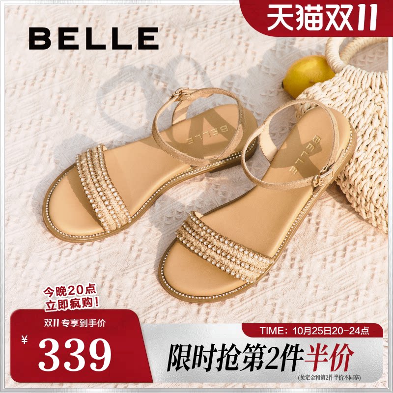 百丽女鞋子一字带凉鞋女夏季新款法式绝美海边平底单鞋3CQ36BL5