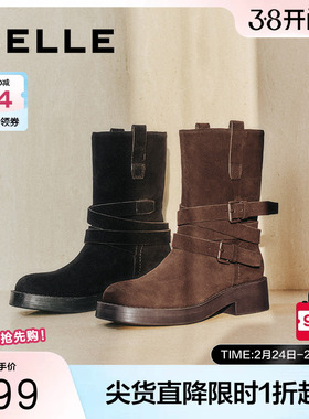 张予曦同款百丽女靴新款牛仔西部靴真皮短靴堆堆靴马丁靴D1Z1DDZ4