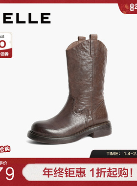 百丽复古西部牛仔靴女靴子新款冬季时装靴真皮显瘦瘦短靴B2395DG4