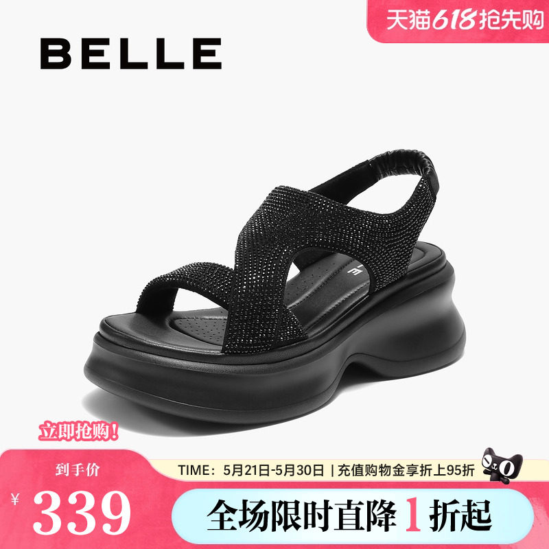 百丽女鞋厚底水钻法式休闲运动凉鞋女夏季新款增高鞋子E2W1DBL5