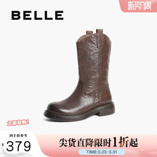 靴真皮显瘦瘦短靴B2395DG4 时装 百丽复古西部牛仔靴女靴子新款 冬季