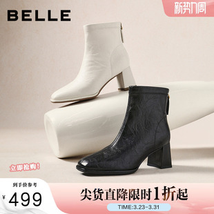 靴E5U1DDD5 优雅时装 百丽复古褶皱显瘦高跟短靴子加绒新款 专柜款