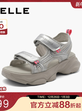 百丽女鞋子厚底魔术贴凉鞋银色老爹运动凉拖鞋女夏外穿B6M1DBL4