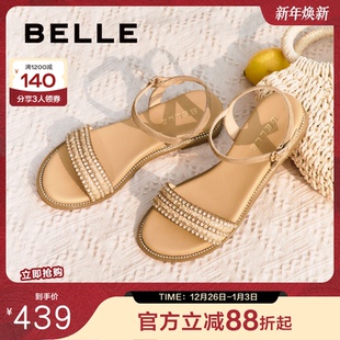 绝美海边平底单鞋 百丽一字带凉鞋 法式 新款 3CQ36BL5 女2025夏季