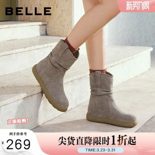 百丽复古堆堆西部休闲靴女冬季 雪地靴加绒牛仔短靴B2826DZ5 新款