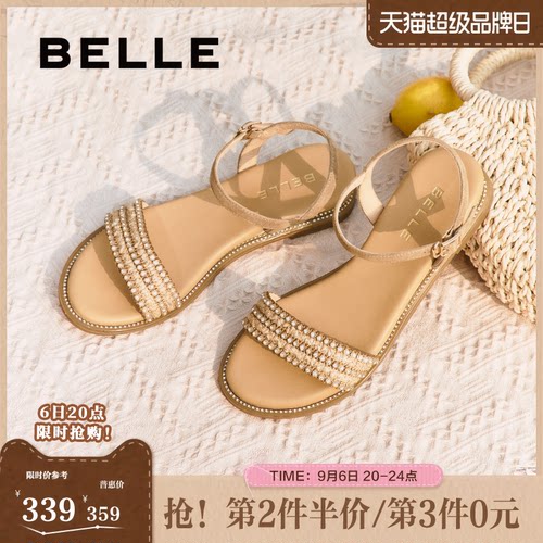 百丽女鞋子一字带凉鞋女夏季新款法式绝美海边平底单鞋3CQ36BL5