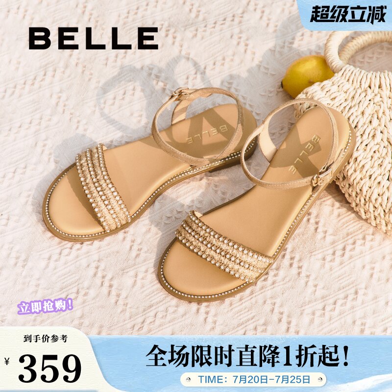 百丽女鞋子一字带凉鞋女夏季新款法式绝美海边平底单鞋3CQ36BL5