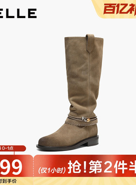 百丽复古堆堆靴西部靴女2025冬季新款巴恩风高长筒靴子F2S1DDG5