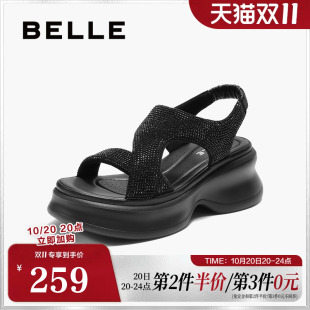 百丽女鞋厚底水钻法式休闲运动凉鞋女夏季新款增高鞋子E2W1DBL5