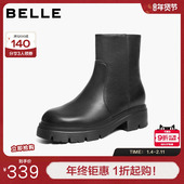 新款 百丽加绒保暖黑色女靴子厚底时装 靴女冬季 真皮短靴E8Q1DDZ5