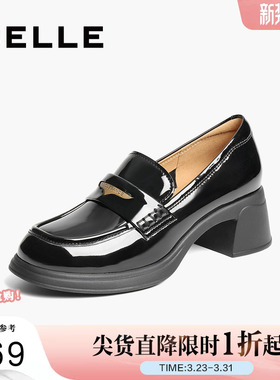 百丽女鞋子粗高跟海鸥乐福鞋女黑色小皮鞋通勤上班单鞋3A6B5AA5