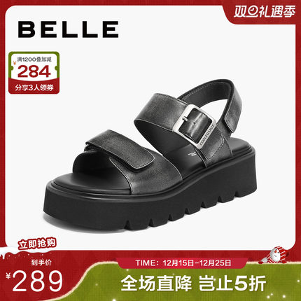 百丽女鞋复古做旧凉鞋夏季新款黑色鞋子可外穿厚底鞋子A9E1DBL4