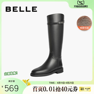 百丽厚底骑士靴女靴子新款 弹力靴加绒黑色高长筒靴B2160DG4 冬季