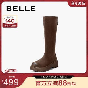 百丽复古厚底加绒弹力骑士靴女25冬季 显瘦高长筒靴子B2860DG5 新款