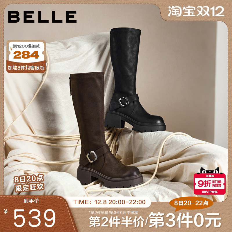 百丽复古高长弹力骑士靴女2025冬季新款粗跟显瘦长筒靴子E5H1DDG5