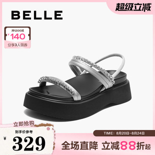 女2025夏新厚底舒适凉鞋 百丽精致条带水钻休闲凉鞋 B2714BL5