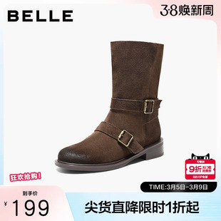 百丽复古反绒面中筒靴显瘦时装靴女鞋美拉德粗跟西部靴3QF65DG5