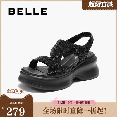 百丽女鞋厚底水钻法式休闲运动凉鞋女夏季新款增高鞋子E2W1DBL5