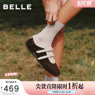 单鞋 魔术贴赛车鞋 E9Q1DAQ6预 女26春新款 百丽复古薄底运动玛丽珍鞋