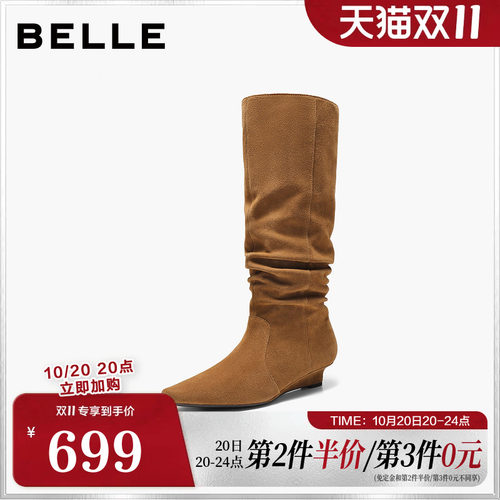 百丽复古绒感西部靴女2026冬新显瘦堆堆异形跟休闲长靴BLT71DG6