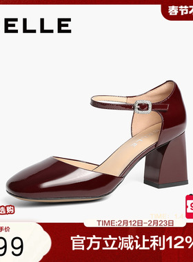 百丽法式红色裸色玛丽珍粗高跟鞋女春季新款婚鞋凉单鞋子3S631AK5