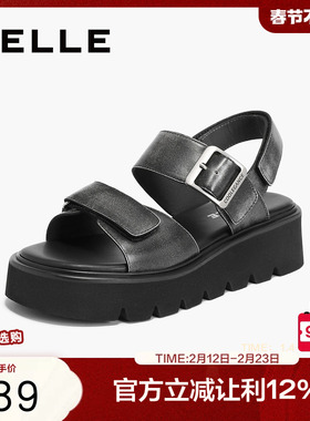 百丽女鞋复古做旧凉鞋夏季新款黑色鞋子可外穿厚底鞋子A9E1DBL4