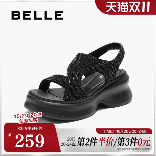 百丽女鞋厚底水钻法式休闲运动凉鞋女夏季新款增高鞋子E2W1DBL5
