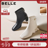 百丽超软羊皮显瘦女靴粗高跟时装 靴冬新款 加绒短筒靴子3LI44DD5