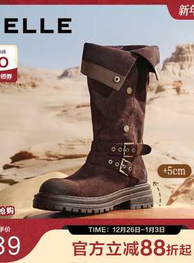 百丽荒野来信女靴子复古绒面西部靴女冬新款堆堆靴高筒靴B2825D